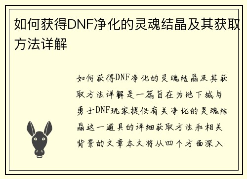 如何获得DNF净化的灵魂结晶及其获取方法详解